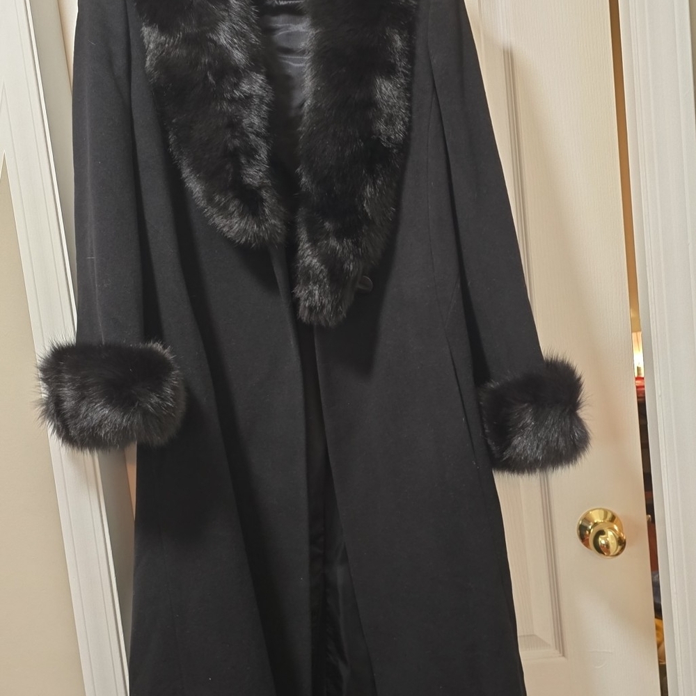 Classic Black Faux Fur-Trim Long Coat